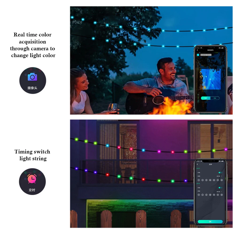 Guirxiété lumineuse LED avec contrôle d\'application, lumières dégradées extérieures pour Noël, décoration de fête de vacances, guirxiété lumineuse