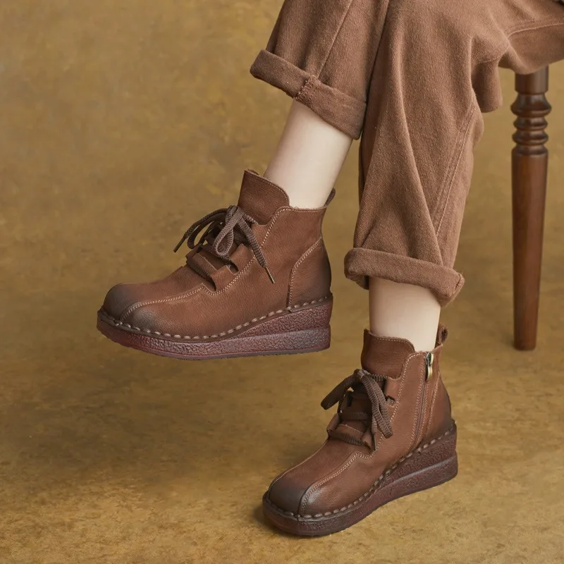 

Birkuir Retro Wedges Ankle Boots For Women Fashion Lace Up Zippers Short Boots 5cm Thick Heel Genuine Leather Platform Shoes