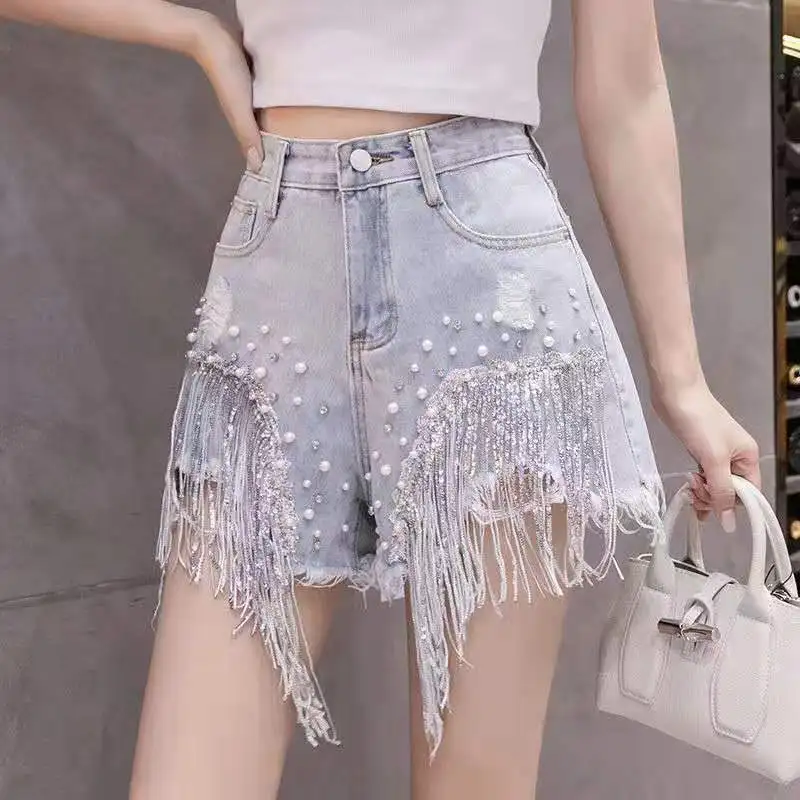 Diamond-Infused Heavy Industry Sequin Tassel Denim Shorts Spring Denim Shorts Women'S Celebrity High-Waisted Jeans
