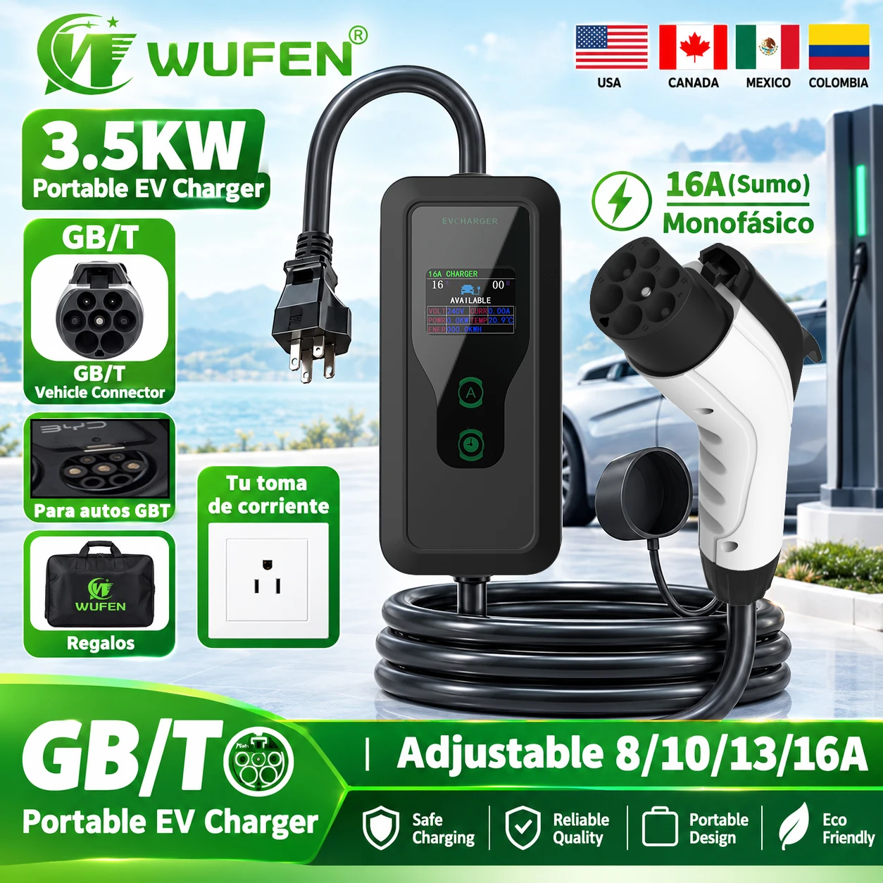 WUFEN Portable GBT EV Charger 16A NEMA 5-15P Plug 110V for China Imported Brand Cars GBT Electric Vehicle Charger up to 3.5KW