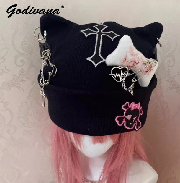 Y2K Girl Subculture Striped Horn Hat Cute Cross Skull Knitted Hat Cool Female Autumn and Winter Goth Punk Cat Ear Sweater Hat