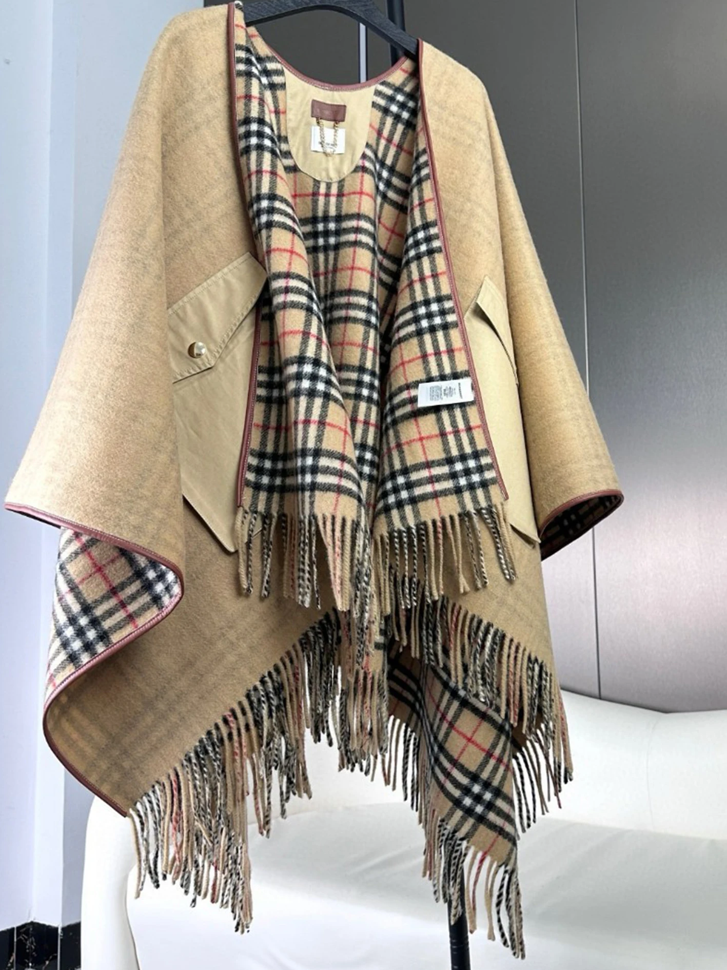 

Reversible Check Wool Cape, Wool woven, Women's luxury, Winter warm scarf, Sand, Gift, Limited edition shawl, Extra-large pocket