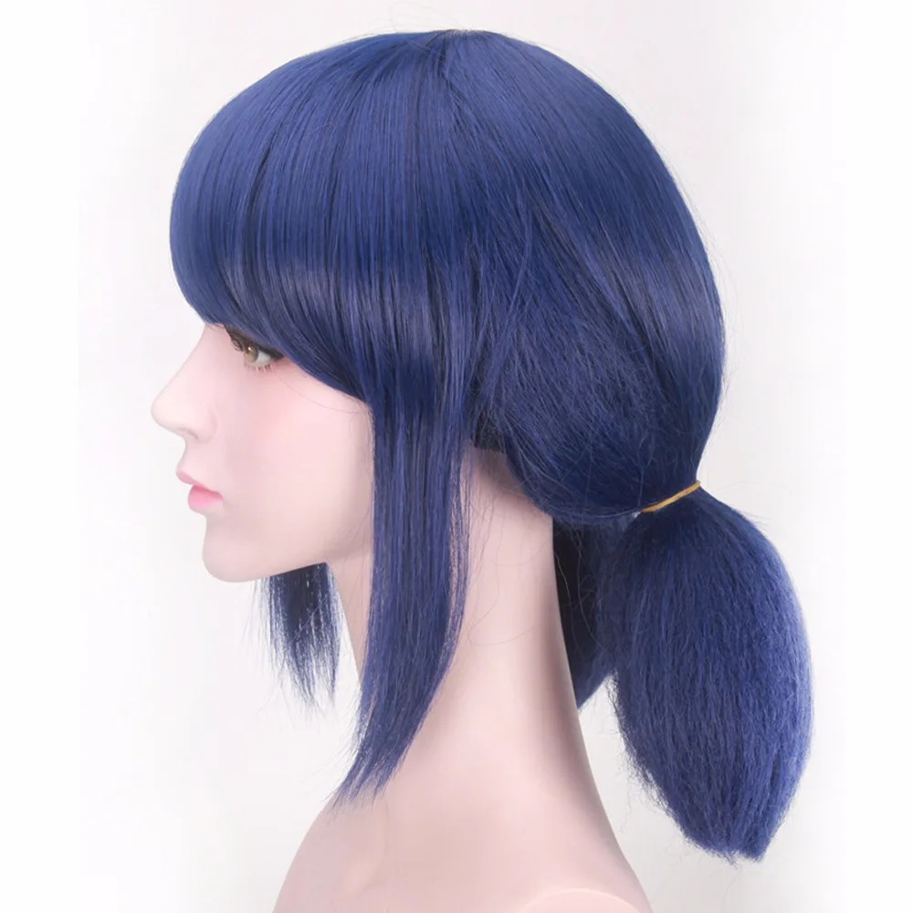 Perruque Cosplay synthétique lisse bleue, cheveux courts + bonnet de perruque, Anime LB, Marinette, Double queue de cheval, résistante à la chaleur