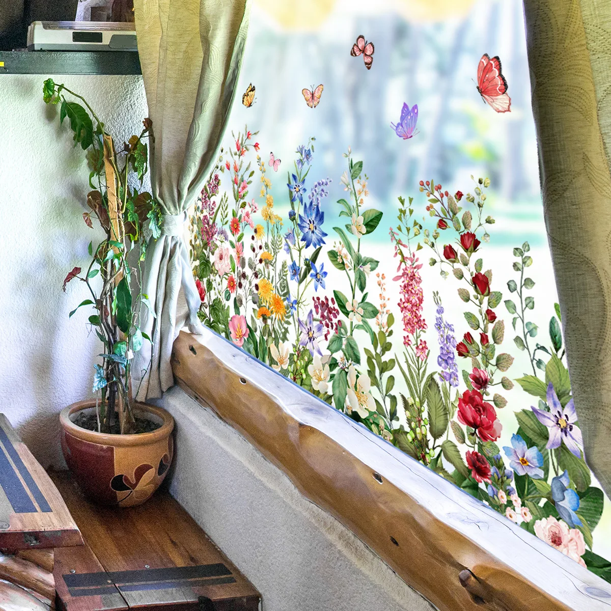 

Green Plants & Flowers with Butterflies Double-Sided Visible Self-Adhesive Glass Wall Stickers for Window Background Decorations