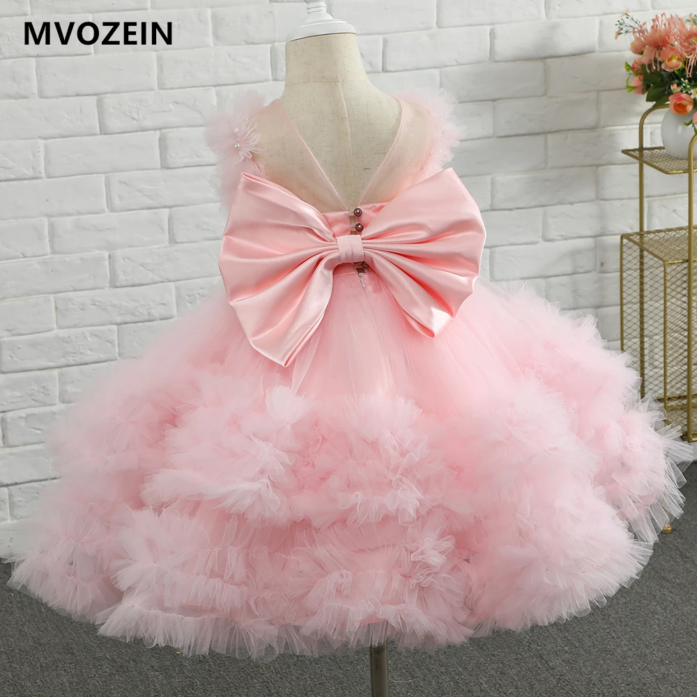 Pearl Girl Princess Dress Layers Pink Girl Dresses Short Flower Girl Dresses Cute Bow Baby Girl Dresses Wedding Party Dresses