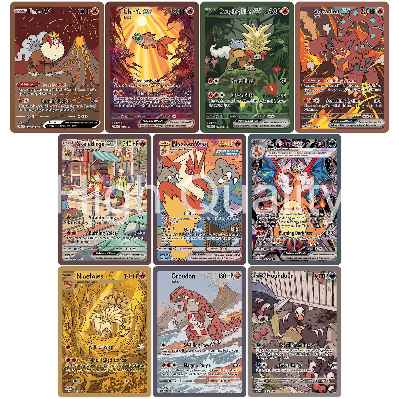 10Pcs PKM Cards PTCG Derpy Style Entei Chi Yu Gouging Fire Volcanion Skeledirge Blaziken Charizard Ninetales Groudon Cards PTCG