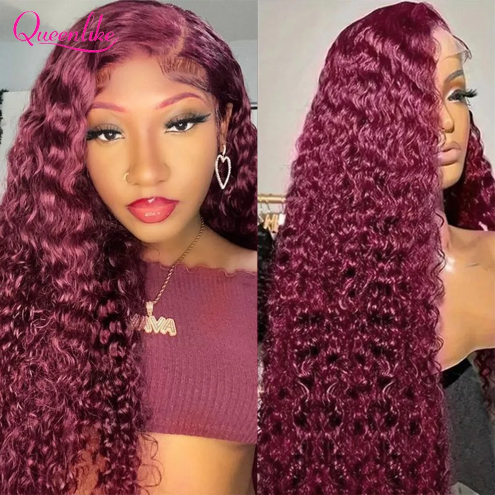 Queenlike 30inch 13x6 Burgundy Curly Lace Frontal Wig 99J Colored Human Hair Wigs for Women Brazilian Water Wave Wigs on Sale