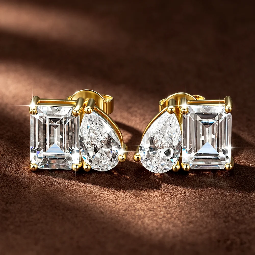 Rrjzz Ohrstecker für Damen, 5 x 7 mm, Smaragdschliff und 5 x 8 mm, birnenförmiger Schliff, im Labor hergestellter Zirkonia, 14 Karat vergoldet, 2 Steine, Schmuck, Geschenk – Detail 4