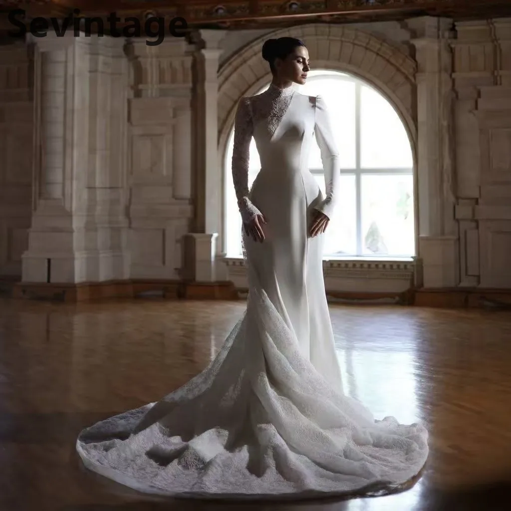 Sevintage 2025 Long Train Lace Wedding Dress High Neck Long Sleeve Mermaid Bridal Gown Customizable Robe De Mariée