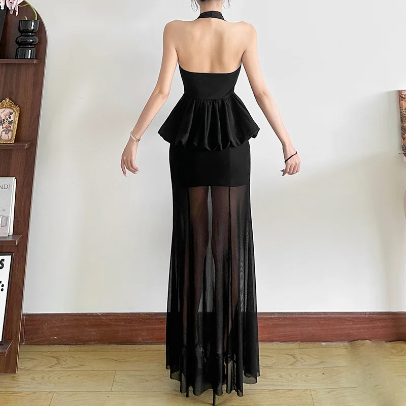 Letnia Elegancka Sukienka Midi Damska Jednolity Kolor Seksowna Sukienka na Szyję z Odkrytymi Plecami Wyszczuplająca Sukienka Bodycon z Przezroczystej Siateczki