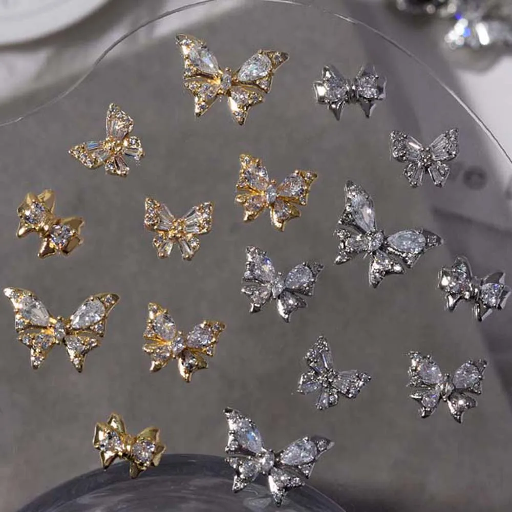 Bowknot Butterfly Nail Decorations Gold Silver Color Metal Zircon Butterfly Bow Akcesoria do paznokci Ozdoby do manicure