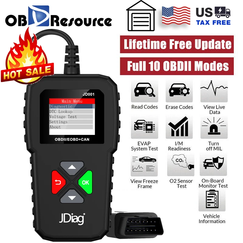 

JDIAG JD001 OBD2 Сканер неисправностей двигателя OBD2 Код автомобиля Профессиональный считыватель кодов Инструмент для проверки автомобиля Clear Code