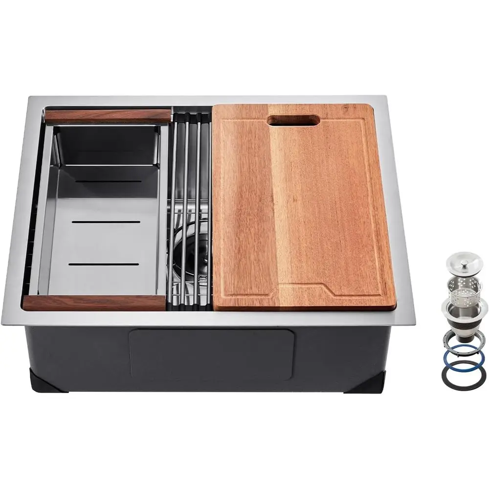 

23 inch Kitchen Single Sink, 304 StainlSteel Undermount Sink Drop-In Single Bowl armhouse Basin with Ledge & Multiple Accories,