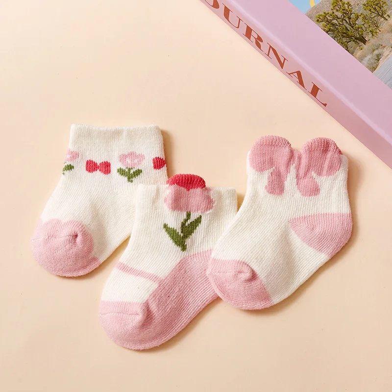

3Pairs Baby Cotton Sock Pink Bow Flower Mid Tube Socks Soft Breathable Spring Autumn Kids Socks 0-1Year Newborn Girl Footwear