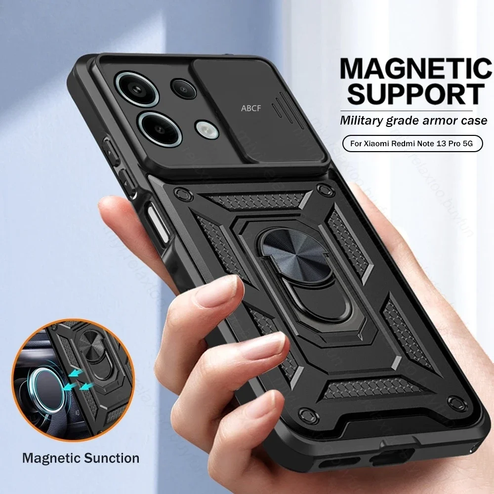 Shockproof Armor Slide Lens Case for Xiaomi Redmi Note 13 POCO X6 X5 X4 X3 F4 F5 Gt M4 M5 M6Pro Magnetic Ring Holder Stand Cover