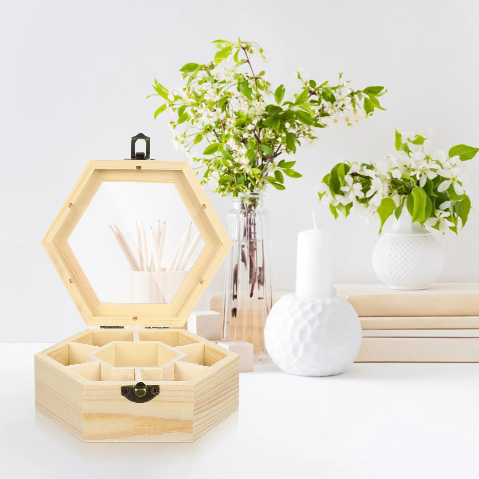 1pc Wooden Jewelry Box Handmade Hexagon Storage Box Lightweight Snow Clay Jewelry Box DIY Jewelry Box