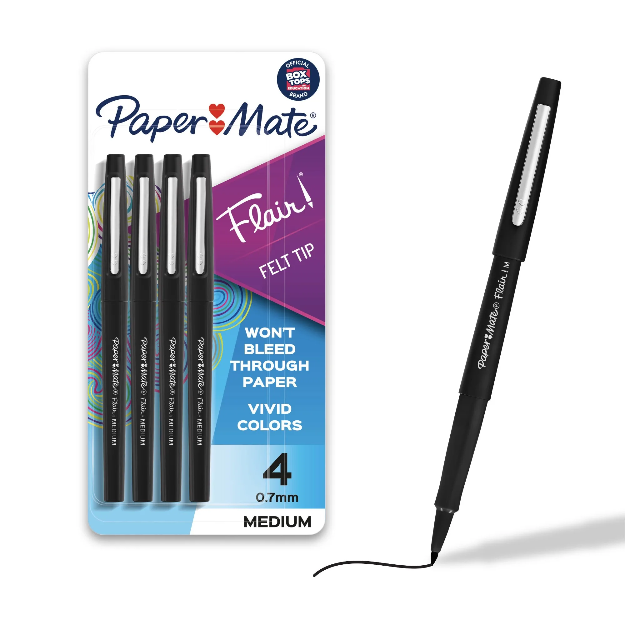 Flair 4pk Marker Pens Felt Tip 0.7mm Black: Porous Point, Medium, Fade-Resistant, Durable, Office & Art Use