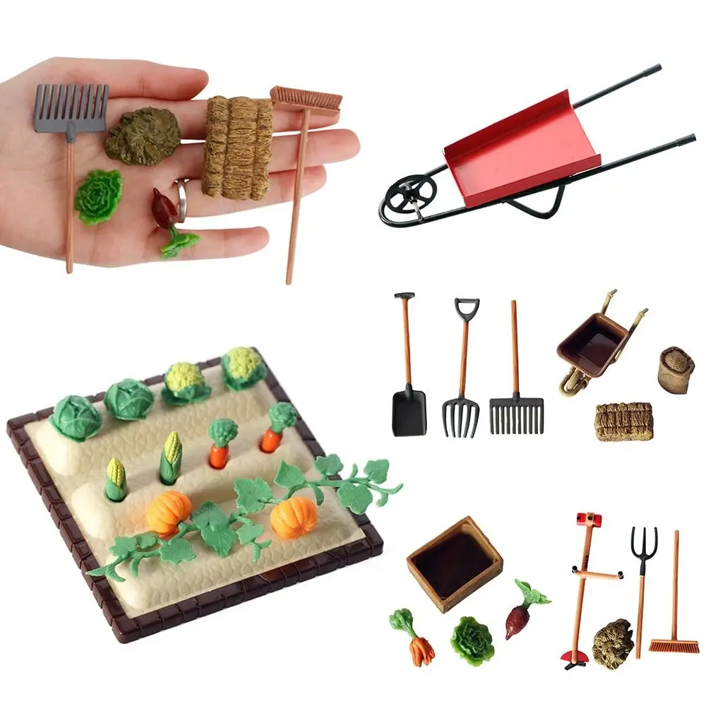 1Set Dollhouse Miniature Vintage Simulation Farm Tools Assembled Cart Agricultural Vehicle Model Garden Farming Tools DIY Decor