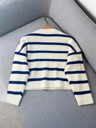 Autumn Winter New Navy Striped O-neck Knit Sweaters Women Long Sleeve Casual Pullover Female Lazy Style Thick Short Sweater Top