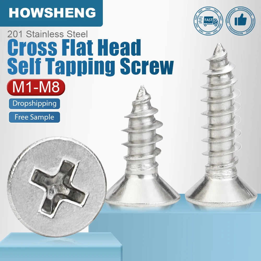 Howsheng-tornillo autorroscante de cabeza plana cruzada, 5-100 piezas, M1, M1.2, M2, M3, M4, M5, M8, 201, acero inoxidable, Phillips KA