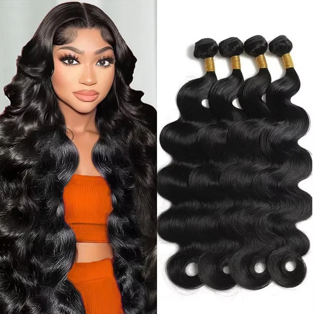 Pacotes de Cabelo Humano Ondulado de 36 e 40 Polegadas com Fechamento 4x4, Cabelo Cru 100% Humano, Extensões de 3, 4 e 5 Pacotes, Preto Natural