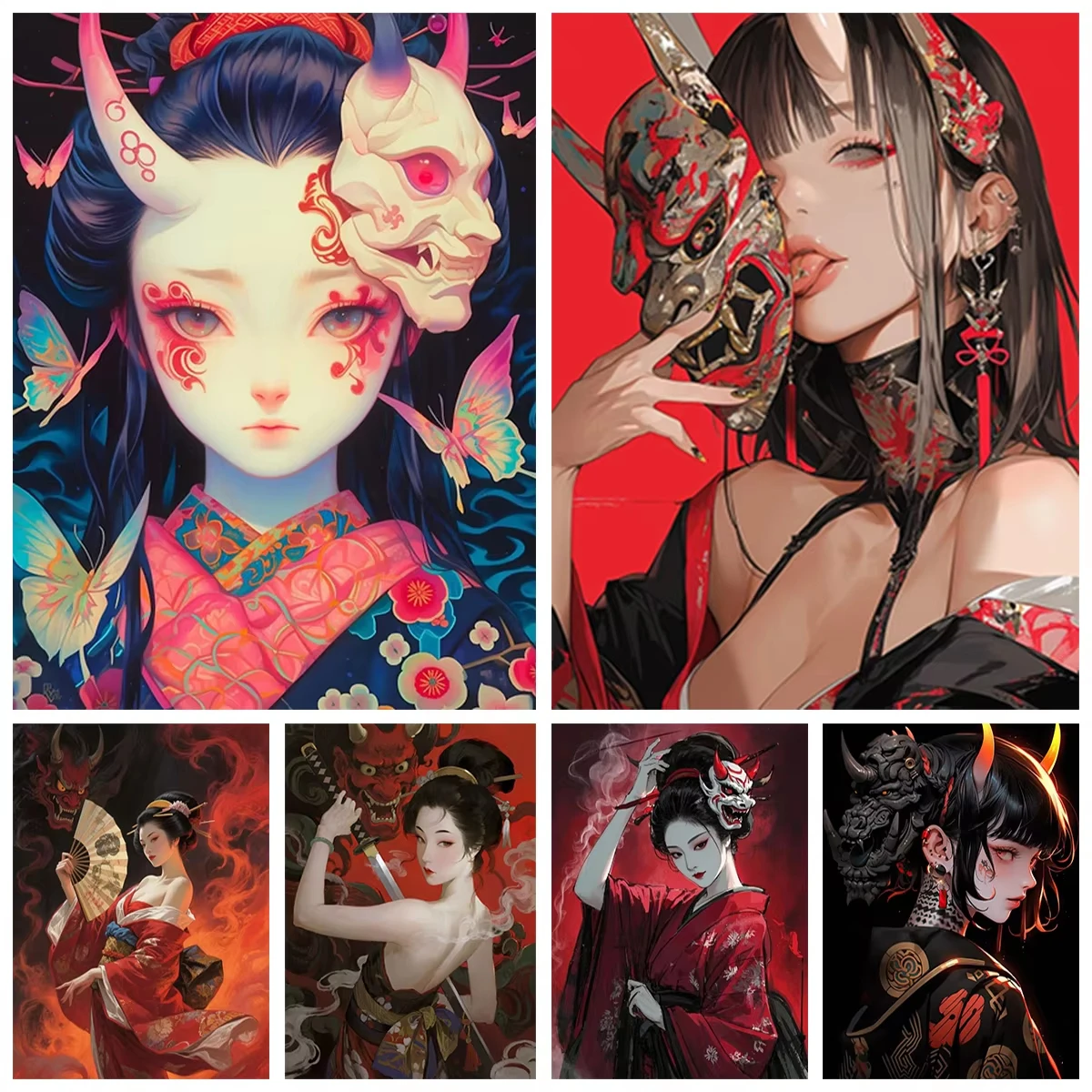 Teufel 5D Diamantmalerei Rote Dämonenmaske Mädchen Bild DIY Runde Edelstein-Stickerei Japanische Wohnzimmer-Dekoration Wandbild Spaßiges Geschenk