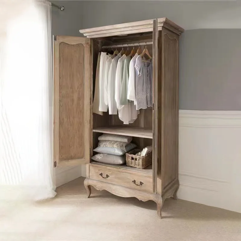 Solid wood oak double door wardrobe French vintage weathered gray children's wardrobe casement solid wood cabinet