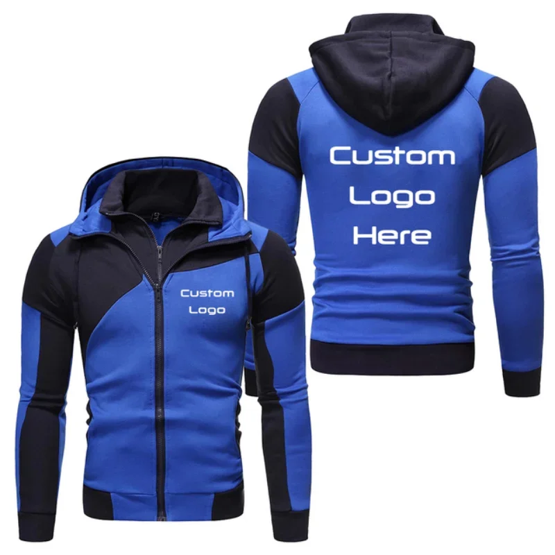 New Men's Custom Logo Hoodies Fashion Double Zipper Patchwork Long Sleeve Jacket Hip Hop Harajuku Clothing Custom Your Logo