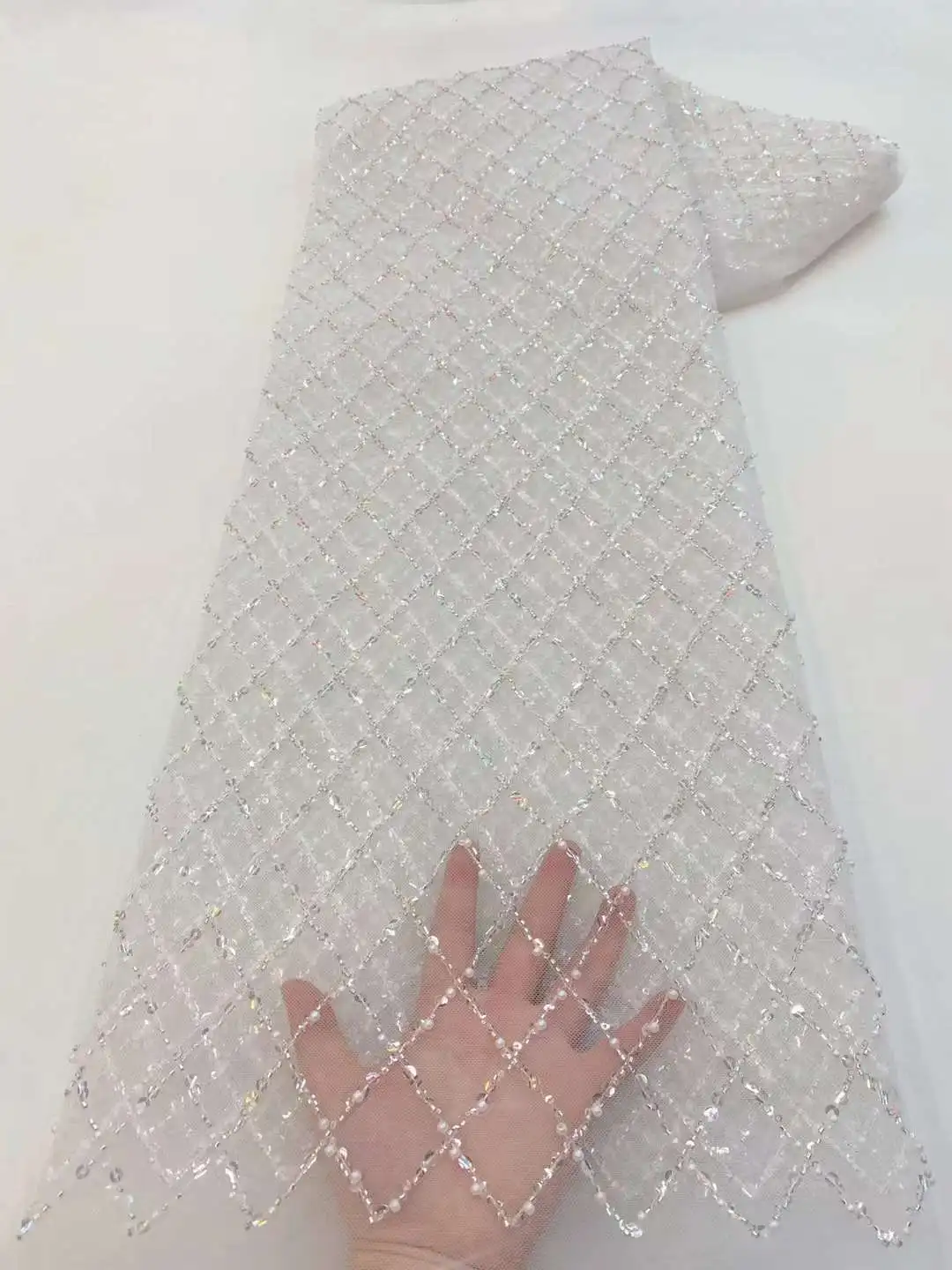 5 Yards Luxus High-End Perlen Stoff schwere Pailletten Stickstoff Mode Französisch Tüll Mesh Spitze Stoff für die Hochzeit
