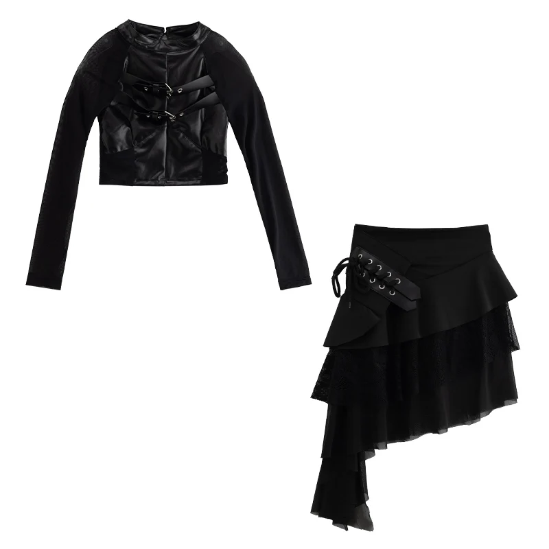 Costume de scène pour enfants, fille, hip-hop, haut et jupe en cuir patchwork, ensemble de vêtements 2 pièces, vêtements de scène pour enfants