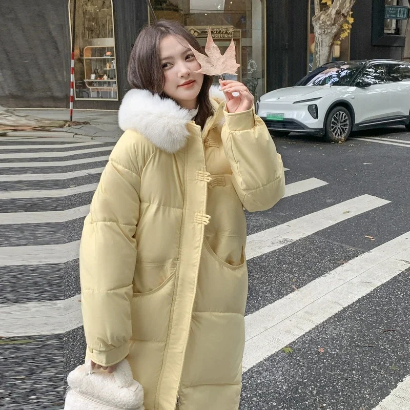

Elegant Winter Fur Hooded Down Jackets Women Clothes Cotton Padded Coat Warm Thick Long Parkas Winter Women Snow Puffer Jacket