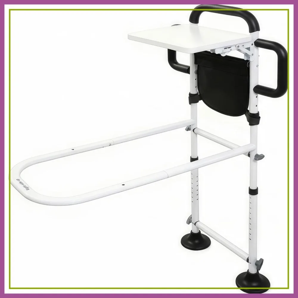 Adjustable Bed Rail for Elderly, Nonslip Grip, Folding Table & Storage, Fits Most Beds