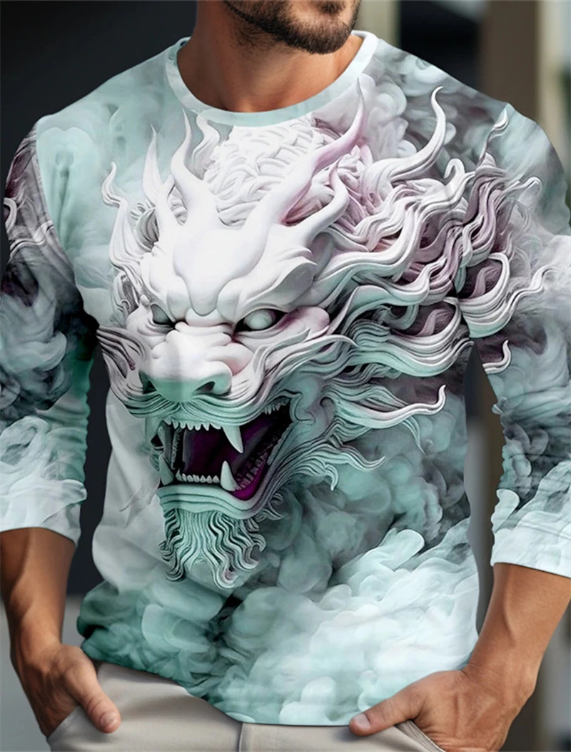 Spring And Autumn Men's 3D Digital Dragon Printed Pattern Long Sleeve Round Neck Casual Men's T-shirt Tops Washed Graphic Tees