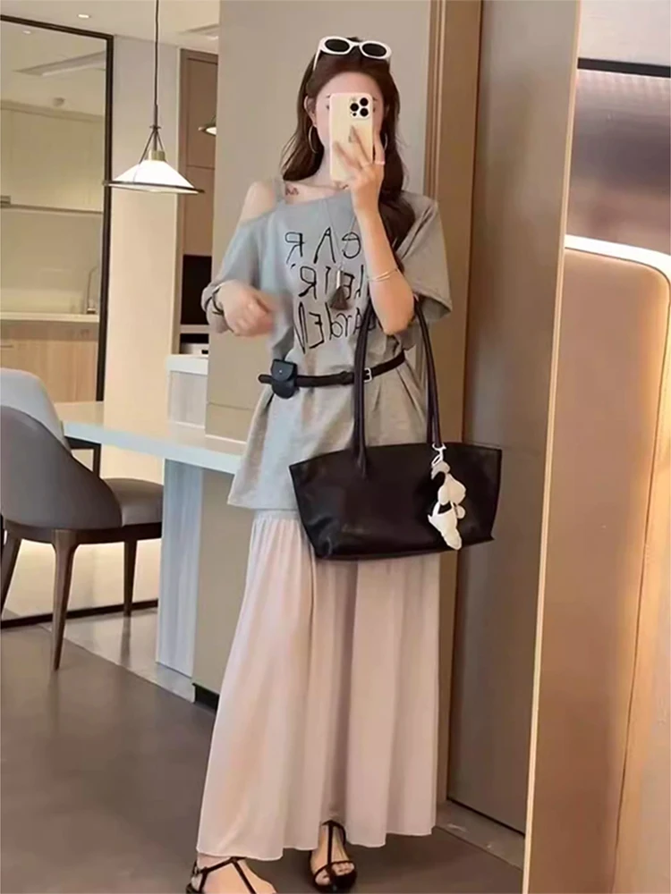 

Korean Style Letter Print Half-Skirt Shoulder-Baring Short-Sleeve T-Shirt Set with Waist Bag Summer Fashionable Versatile Design
