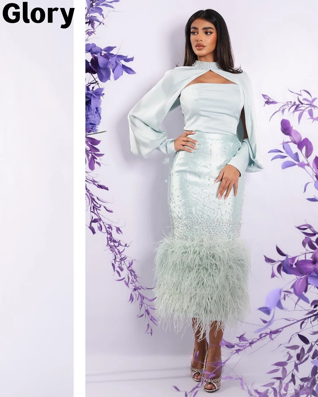 Beads Feathers Luxury Evening Dresses 2023 New Arabia Design 2-Piece Split Long Sleeves High Neck Formal Prom Dresses Party Gown