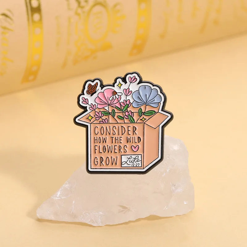 Creative Floral In Carton Box And Cup Pins Brooch Consider How The Wild Flowers Grow Enamel Lapel Pin Accessory On Backpack Hat