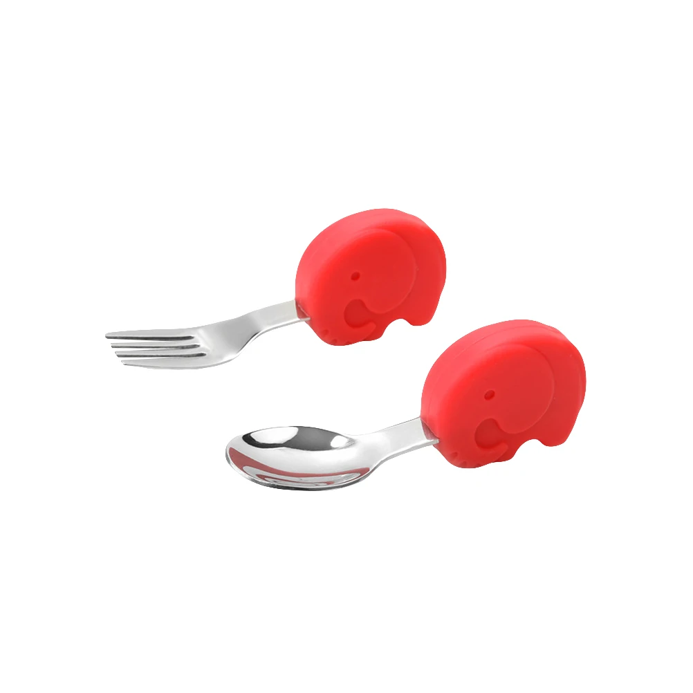 

Baby Feeding Spoon Fork Set Toddlers Cutlery Training Red Color Smooth Surface Non Slip H Silicone Stainless Steel