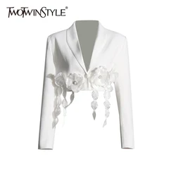 TWOTWINSTYLE Solid Patchwork Appliques Short Jackets For Women Lapel Long Sleeve Spliced Pearls Slimming Elegant Coats Female