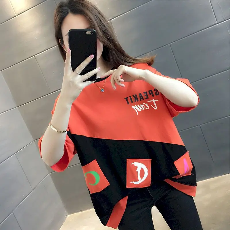 100% Cotton Womens Tshirt Summer Short-sleeved 2024 New Loose Half-sleeved Tops Color-blocking T-shirt Design Sense Tshirt Women