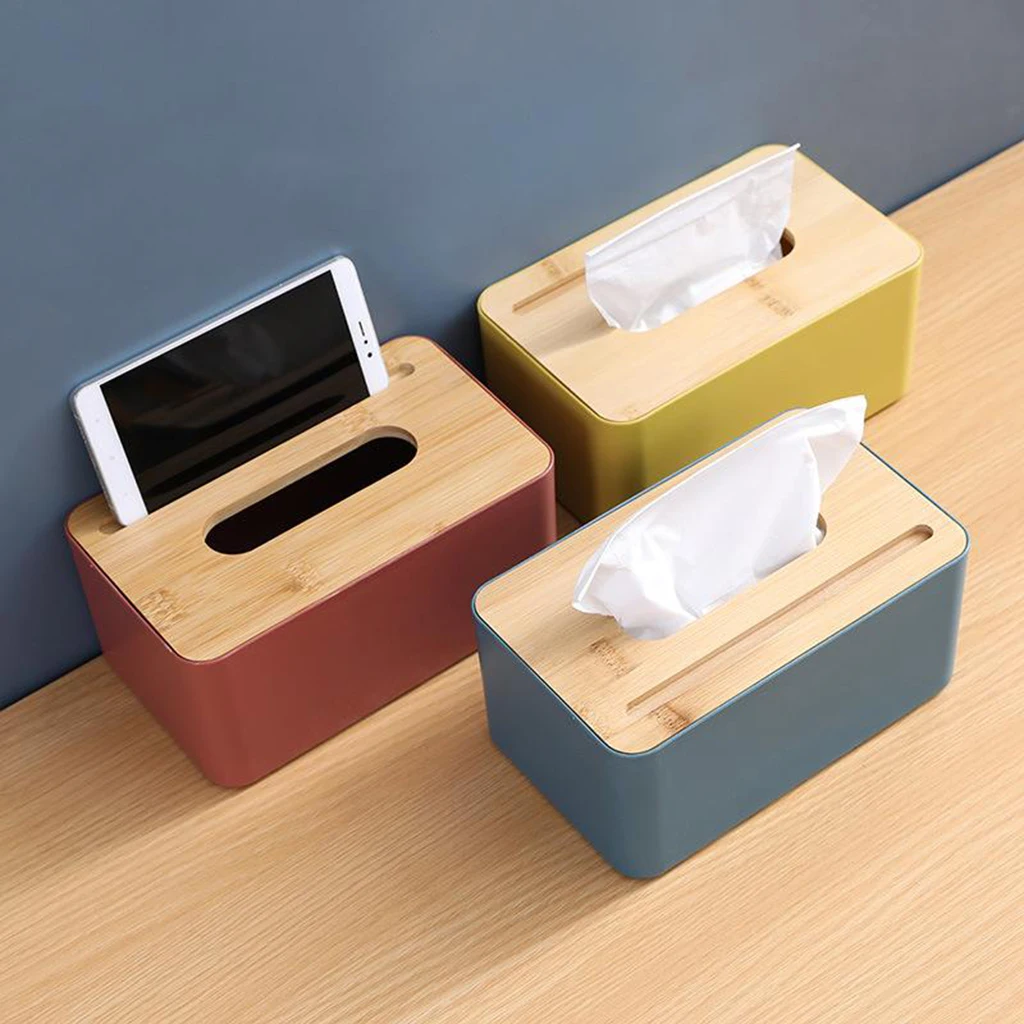 Tissue Box Holder with Bamboo Wood Cover Napkin Dispenser Desktop Tissue Holder for Home Office Restaurant Table Decoration