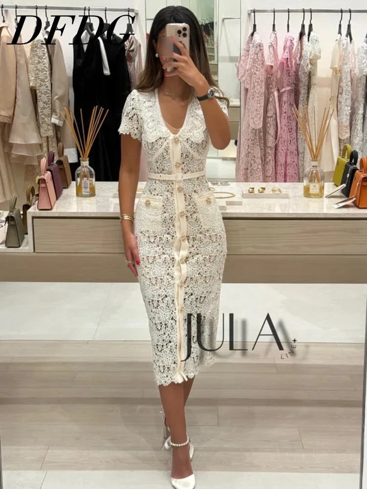 

DFDG Women's Spring Summer Lapel Lace Fitted Midi Dress Elegant Formal Party Wear 2026 Trendy Feminine Fashion Outfit Dress