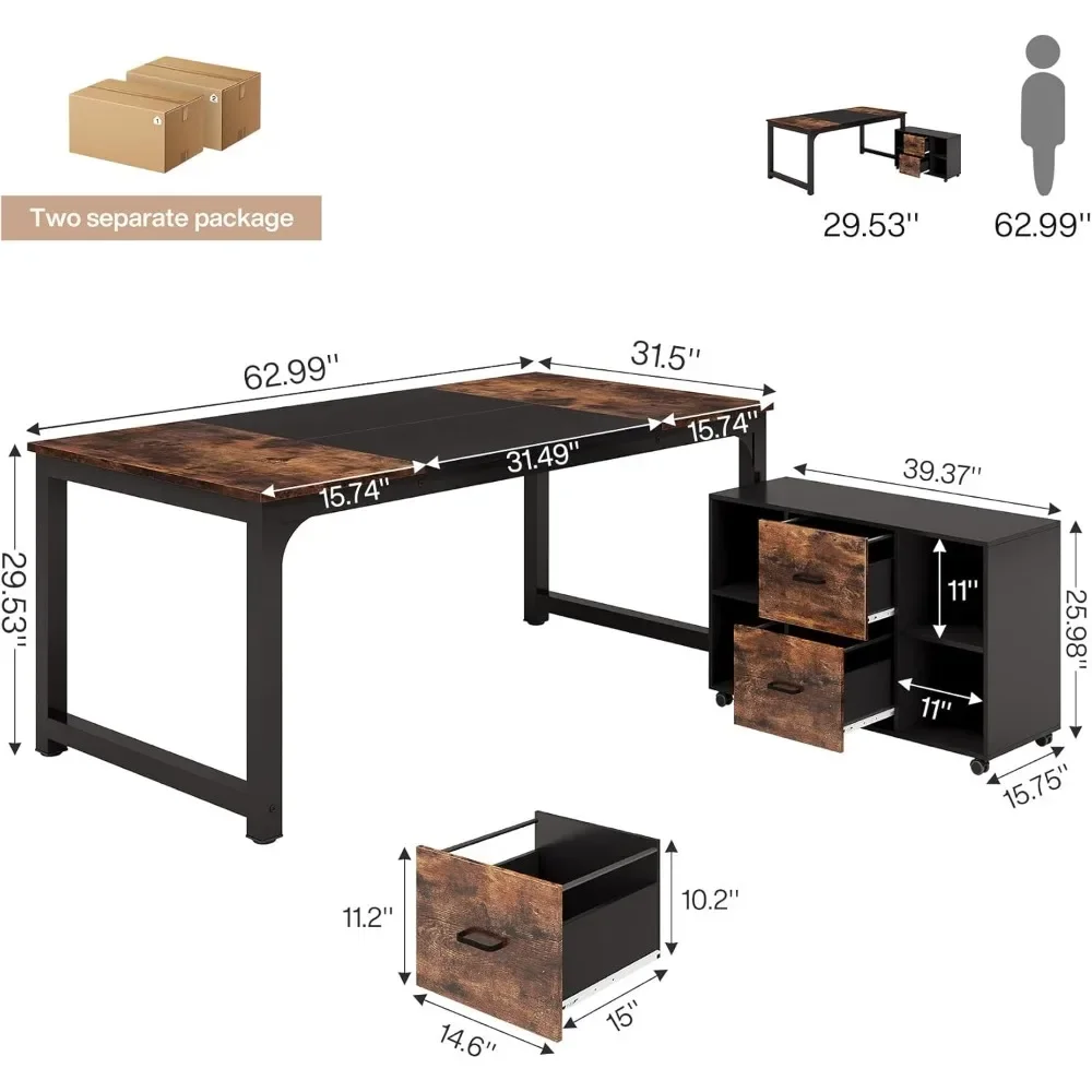 Biurko komputerowe w kształcie litery L o długości 63 cali z szafką na dokumenty 40 cali, biurko executive z mobilną szafką na dokumenty, nowoczesny zestaw mebli