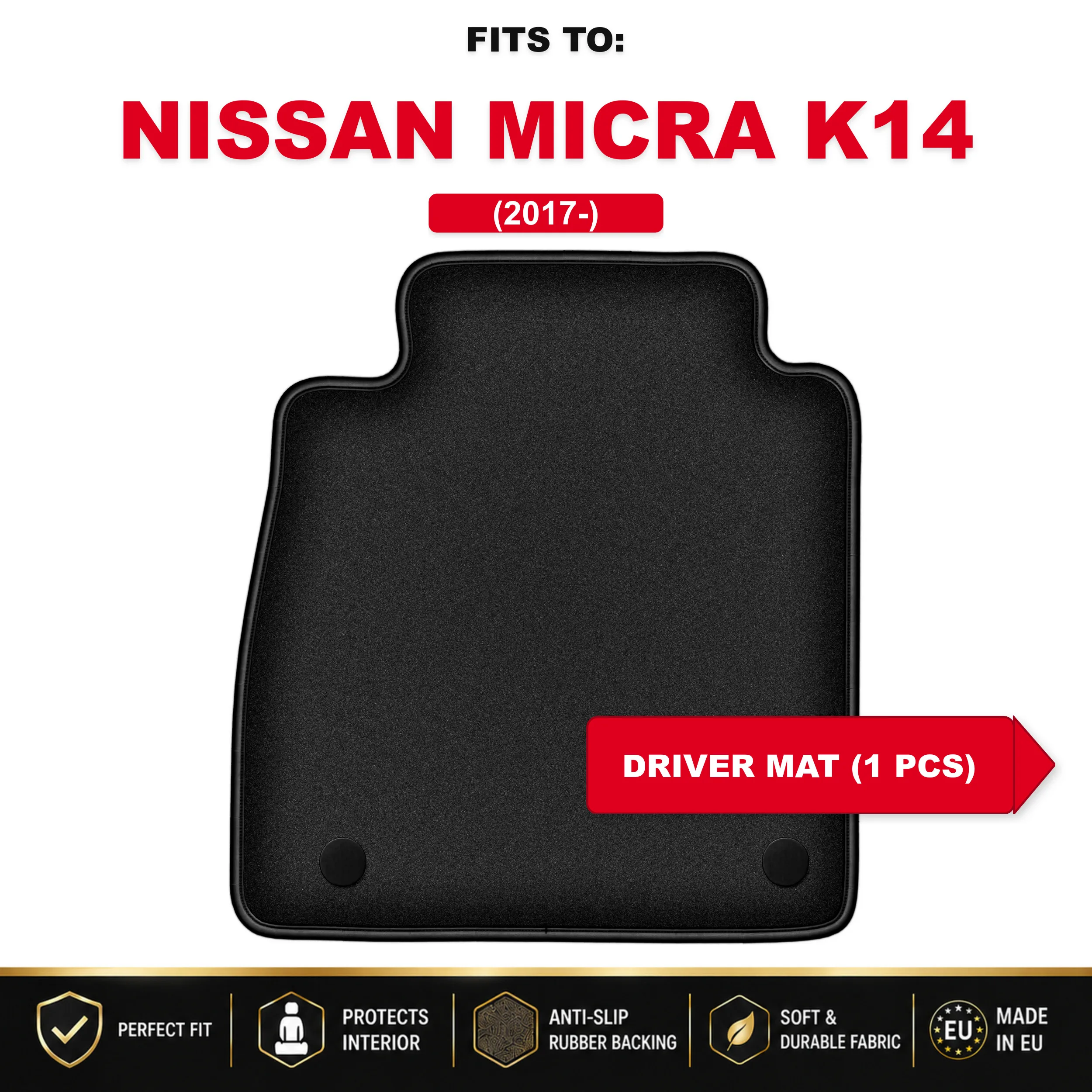 Zwart velours bestuurderskleed voor: Nissan Micra K14 2017 hatchback autovloermat 1 stuk onder bestuurderspoten passend