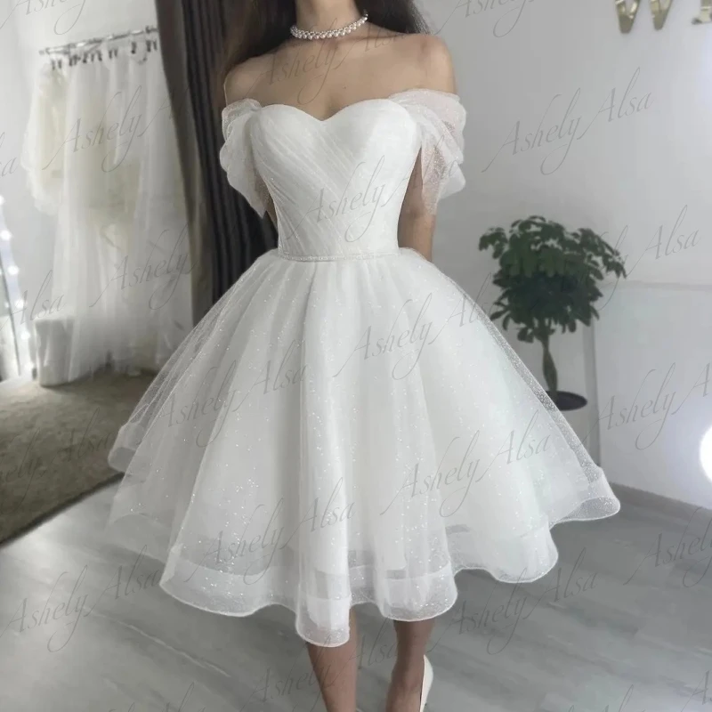 Simple Design Summer Boho Short Wedding Dresses Off Shoulder Ruched Lace Up Ball Gown Beach Bridal Gowns Women Prom Party Wear