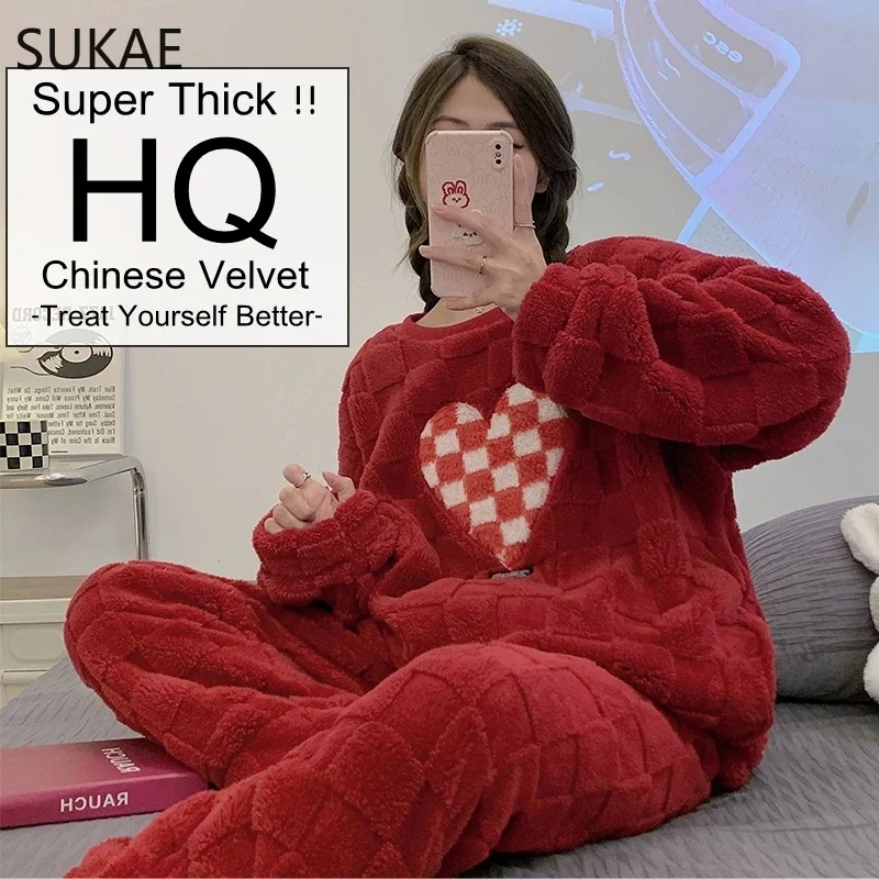 SUKAE Super Thick Chinese Velvet Women Pajamas Set Female Chic Sleepwear Korean Girl Pyjama Teddy Loungewear Lady Thermal Pijama