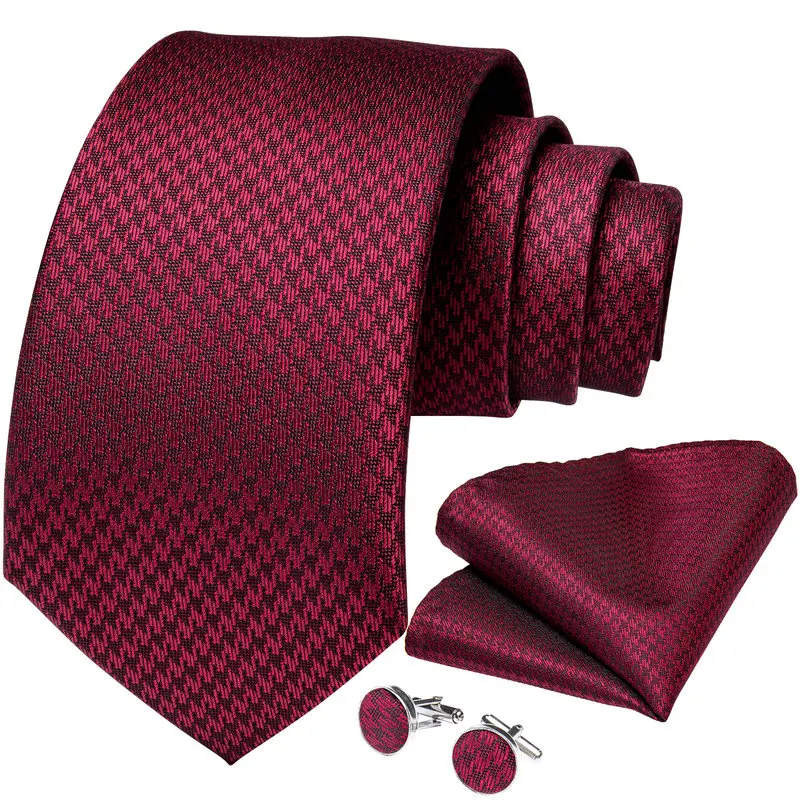 Corbata de boda roja con gemelos cuadrados de bolsillo para hombre, corbata de fiesta de negocios de seda de moda, regalo de cumpleaños, patrón a cuadros