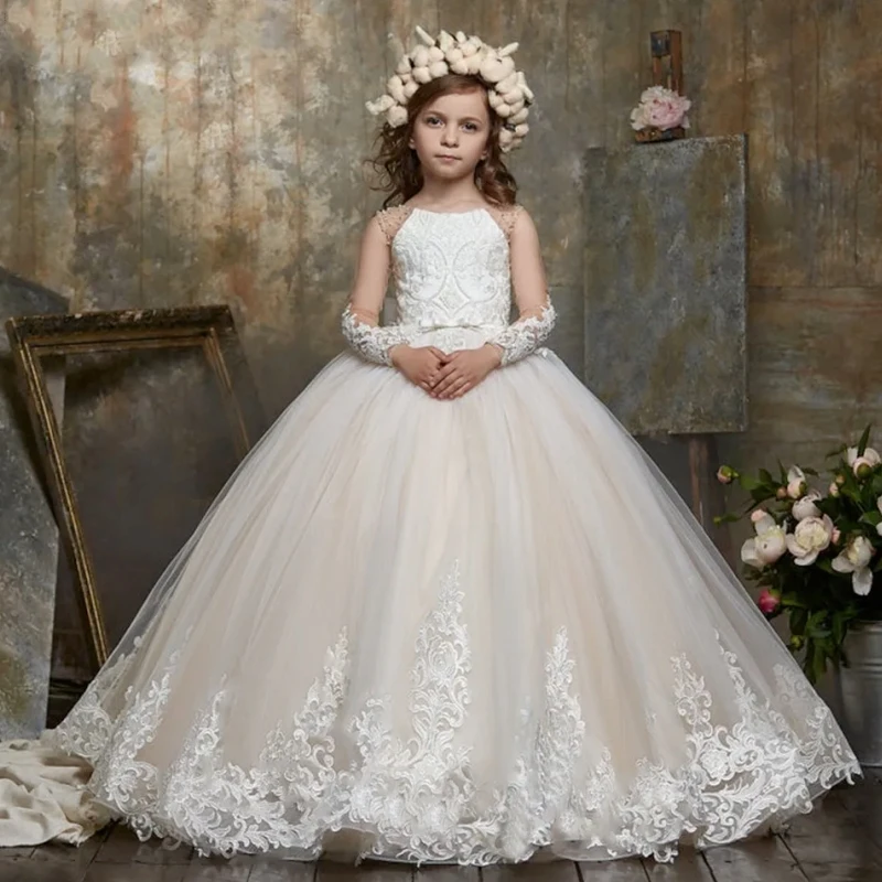 

Champagne Flower Girl Dresses Tulle Puffy Appliques Embroidery Long Sleeve For Wedding Birthday Banquet Princess Gowns