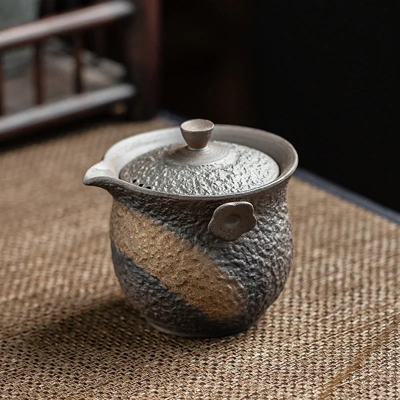 1Pc 200ML Coarse Pottery Gilt Teapot Making Tea Cover Bowl Household Ceramic KungFu TeaSet Hand Grab Pot Japanese Brewing Teapot