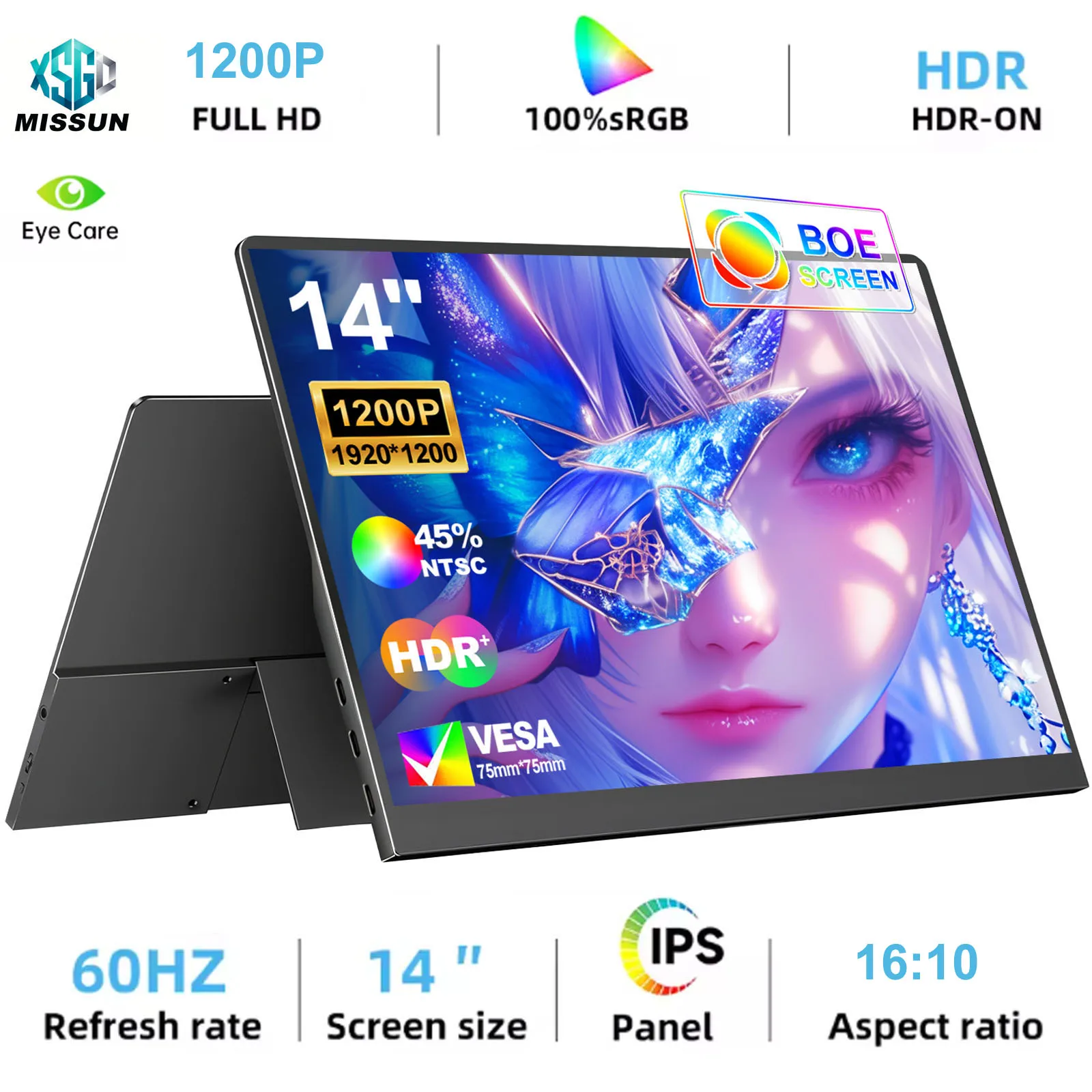 14-inch 1920*1080 Portable Monitor 400cd / m² 60HZ 16: 9 For Laptop XBox PS4 / 5 Switch Cell Phone Computer Extension Office