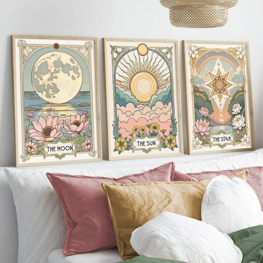 Set of 3 Vintage Sun, Star, Moon Tarot Card Art Prints, Vintage Floral Plant Wall Decor, Bohemian Style Floral Canvas Posters, Celestial Wall Decor, Astrology Gifts for Living Room, Bedroom, Kitchen, Office, Cafe, Bar, Dorm, Hallway, Home and Room Decoration, Frameless